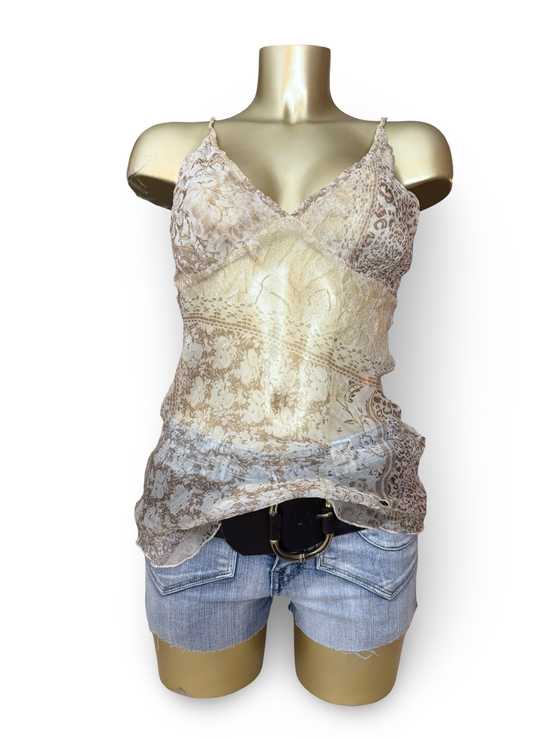 Beige graphic real silk mesh asymmetric top (M)