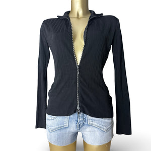 Black zip up rhinestones tight fit cardigan jumper (M/L)