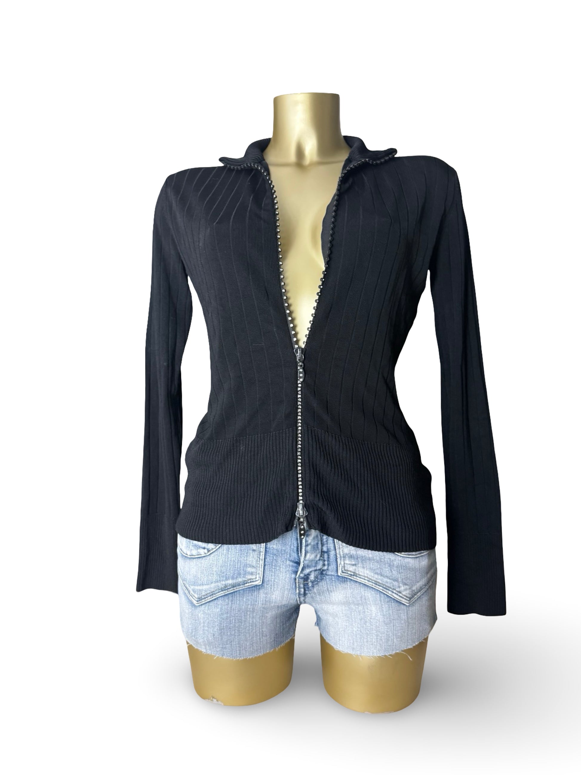 Black zip up rhinestones tight fit cardigan jumper (M/L)