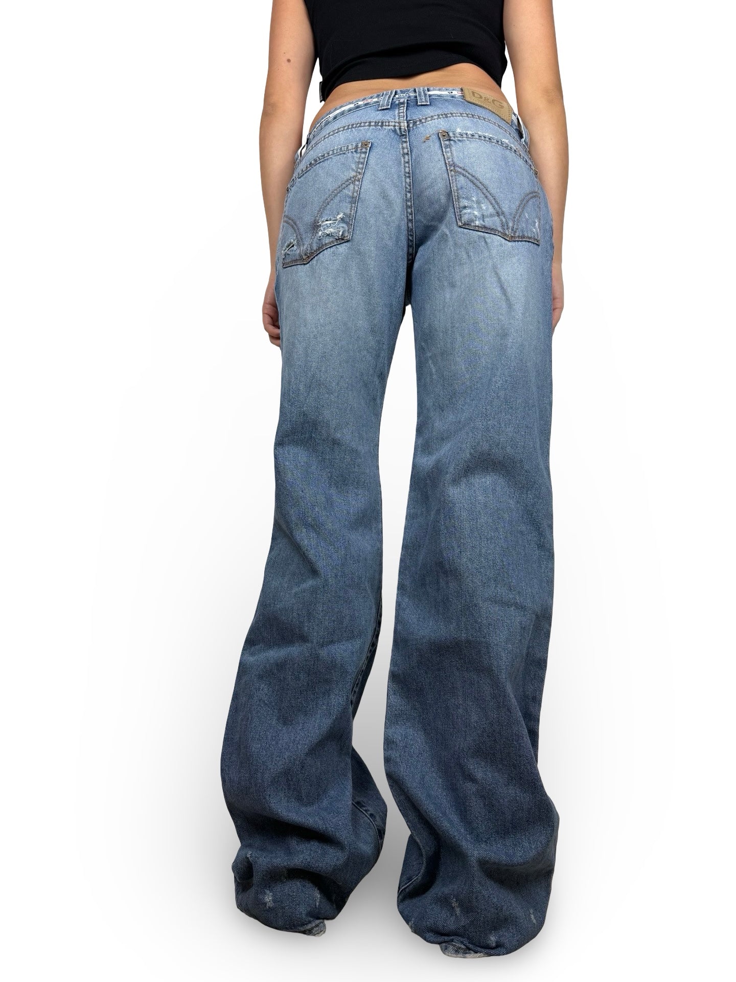 Blue denim low rise baggy pants (M)