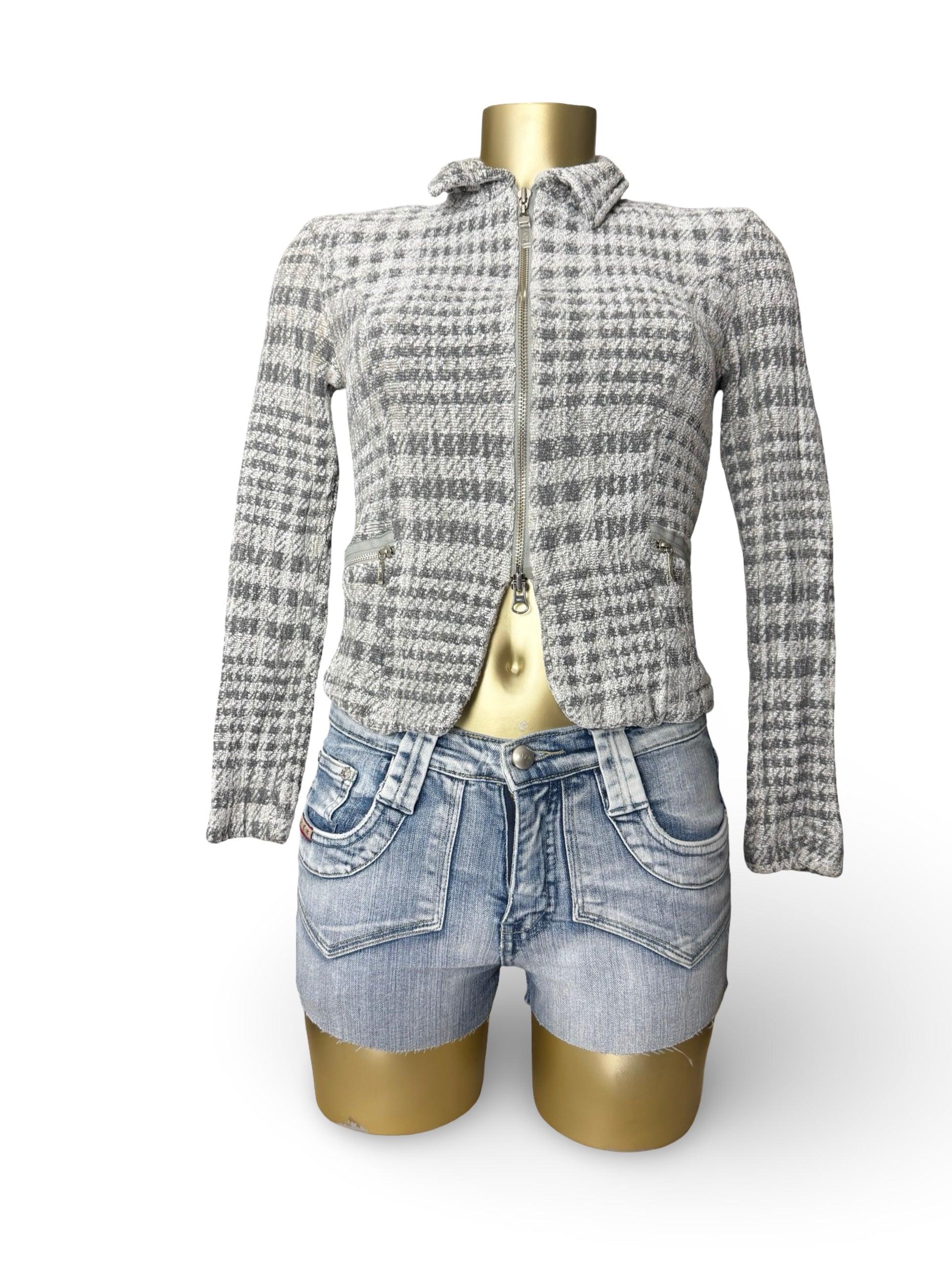 Grey check print tight fit office blazer jacket (S)