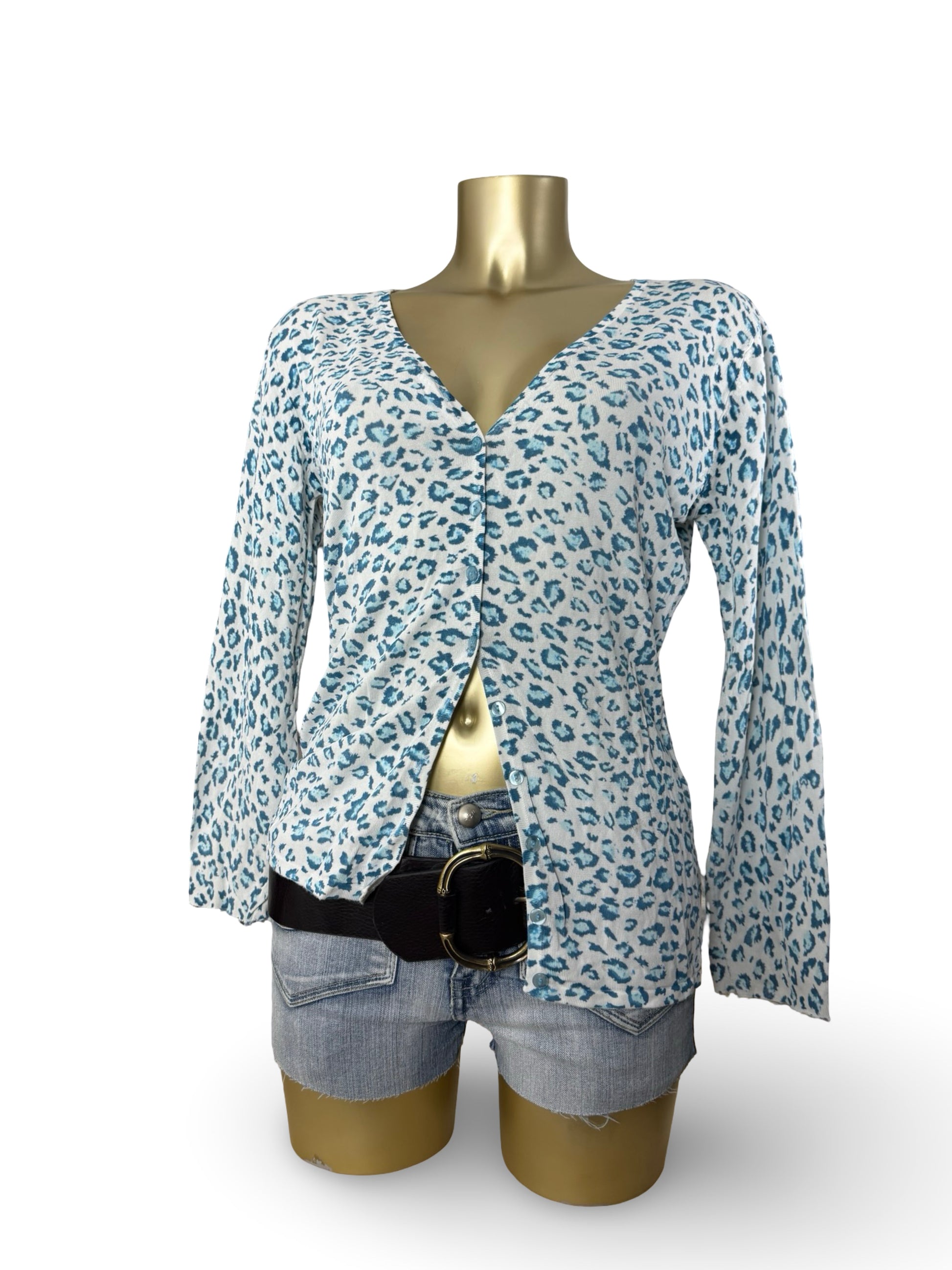 White & blue panther print cardigan jumper (XL)