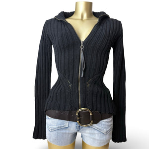 Black tight fit high neck zip up cardigan jumper (XS/S)