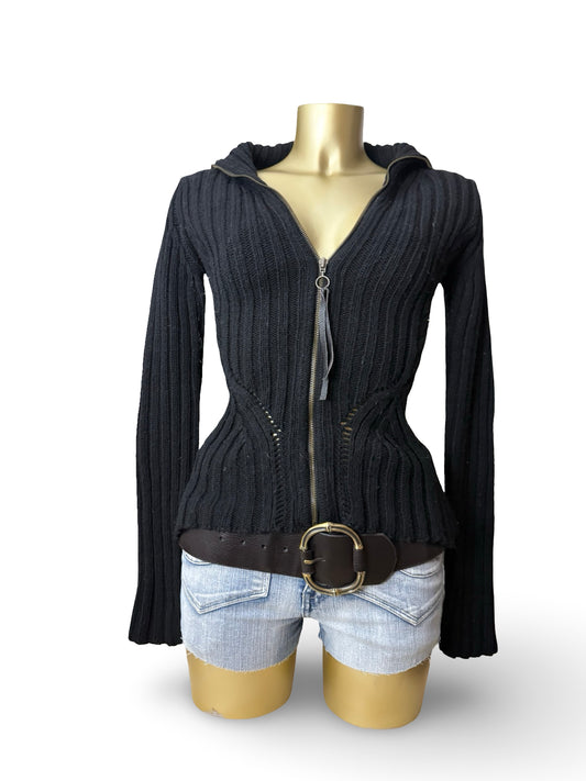 Black tight fit high neck zip up cardigan jumper (XS/S)