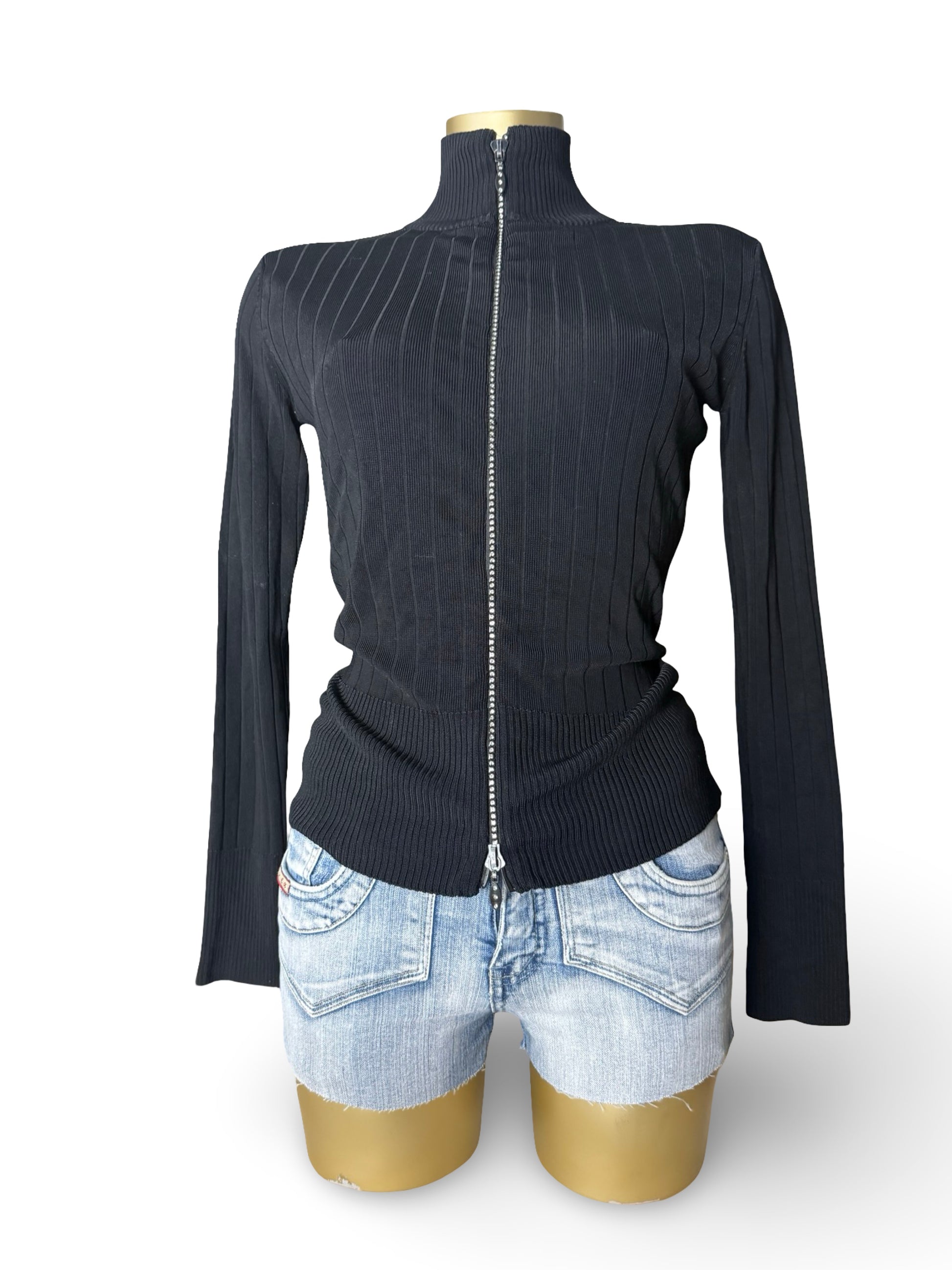 Black zip up rhinestones tight fit cardigan jumper (M/L)