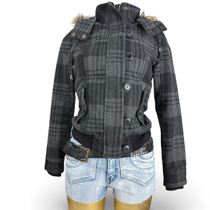 Grey check print inside fur zip up winter hooded biker jacket (S/M)