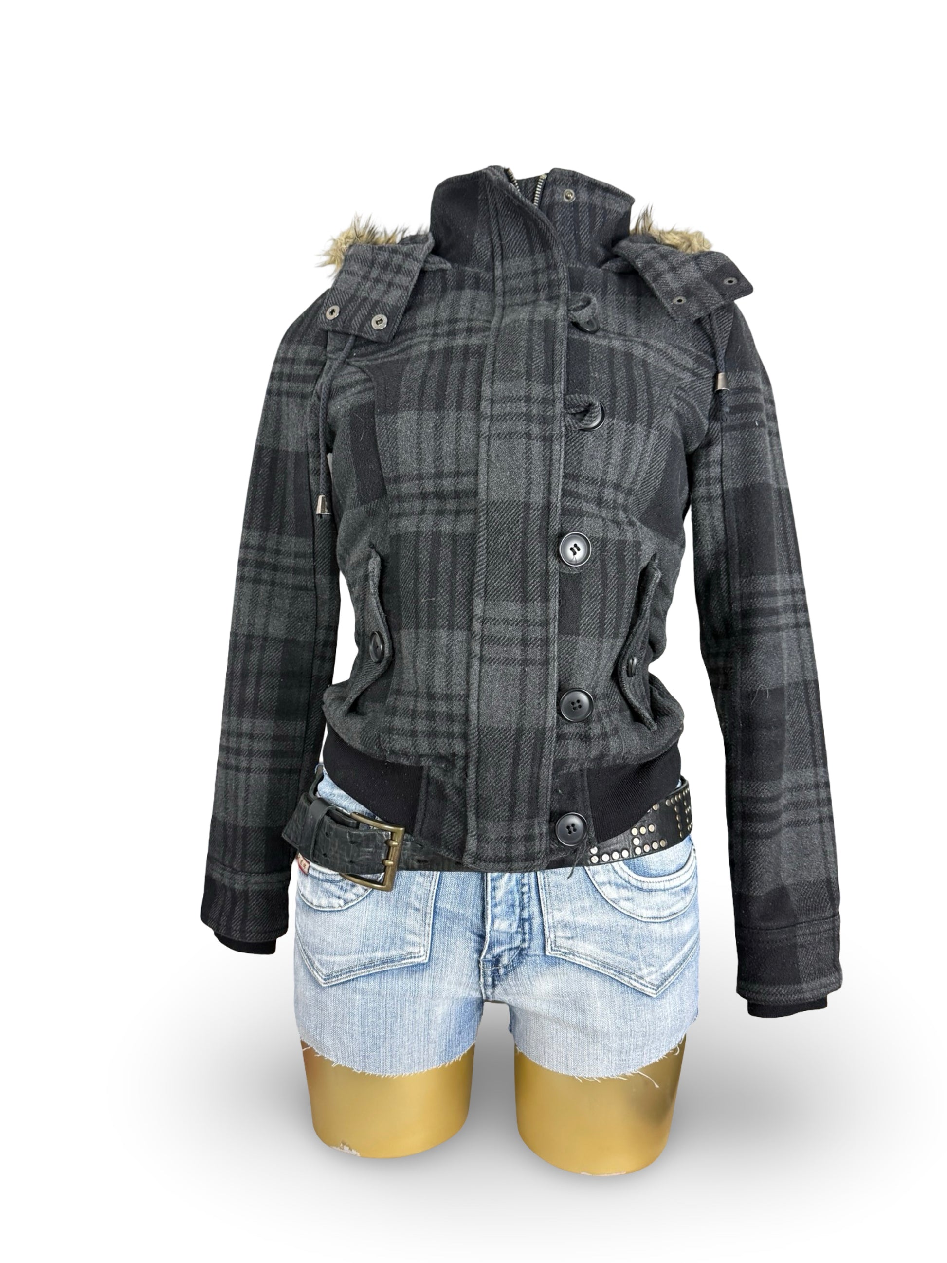 Grey check print inside fur zip up winter hooded biker jacket (S/M)