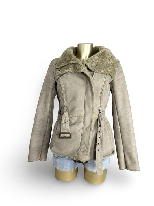 Beige suede inside faux fur tight fit biker coat (S/M)