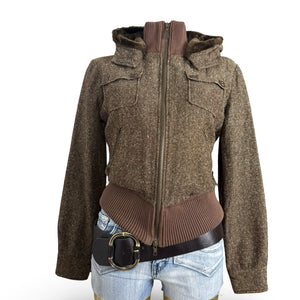 Brown inside faux fur hooded biker jacket (M)