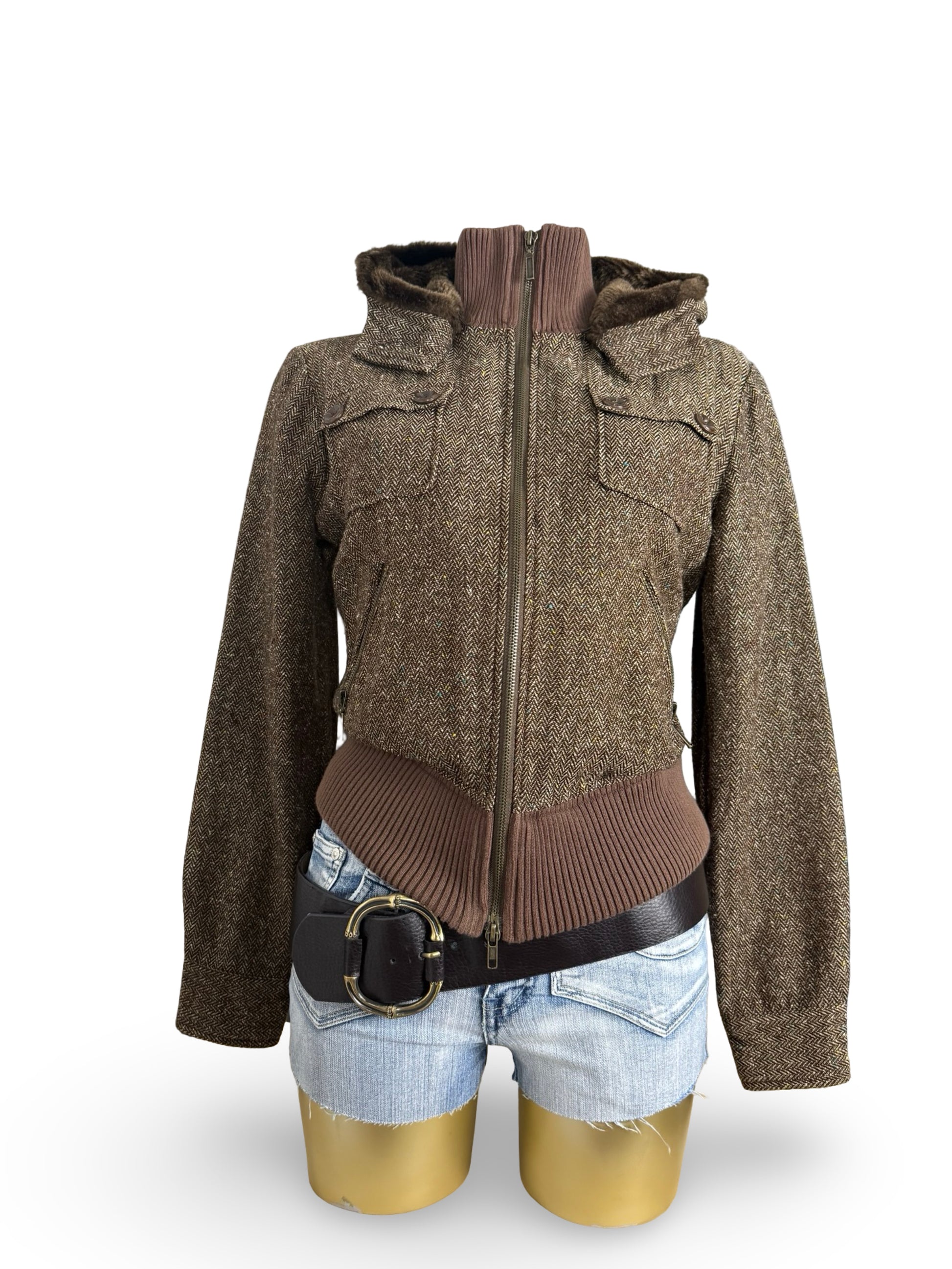 Brown inside faux fur hooded biker jacket (M)