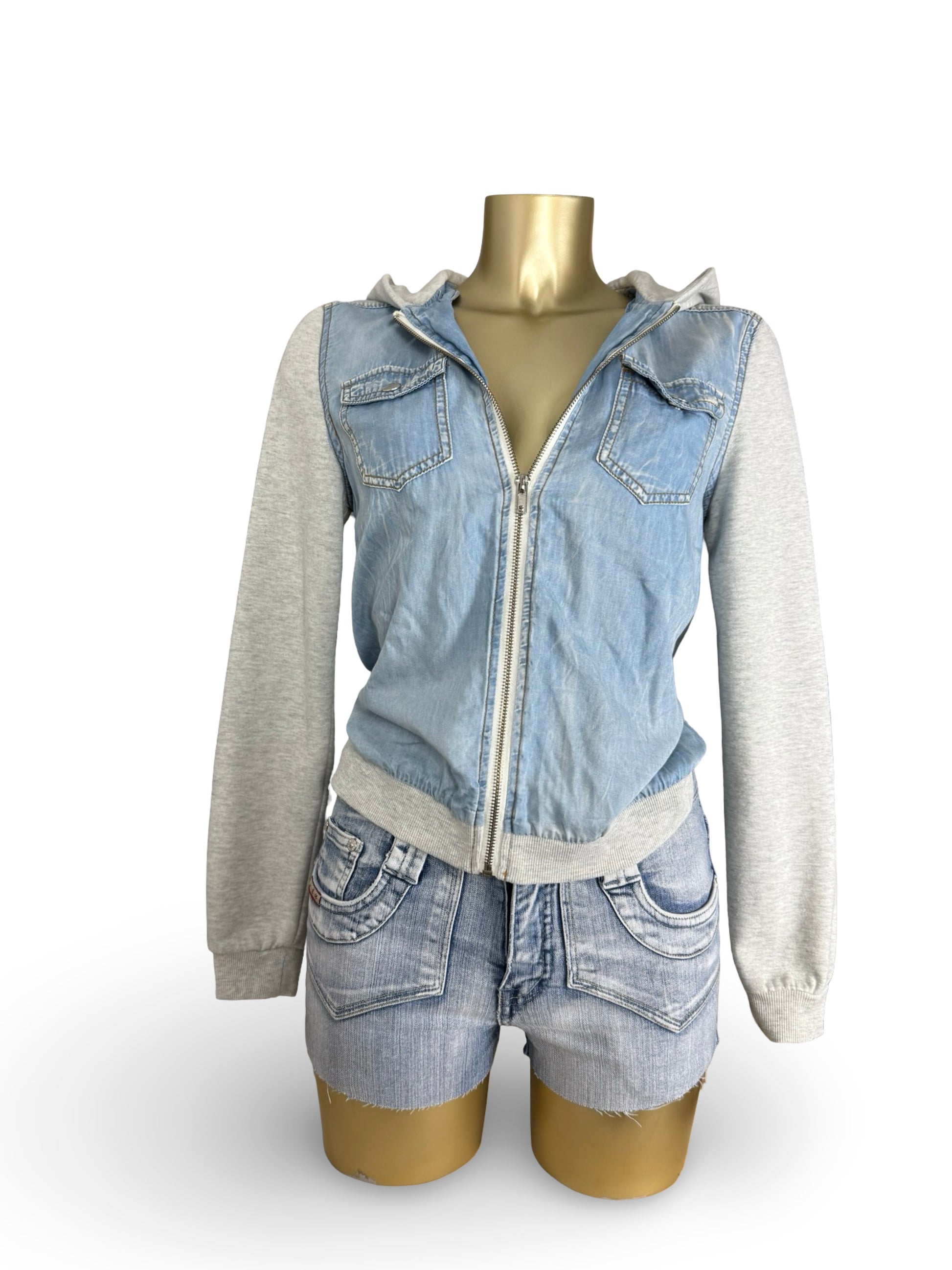Grey denim hooded  zip up jacket (M)