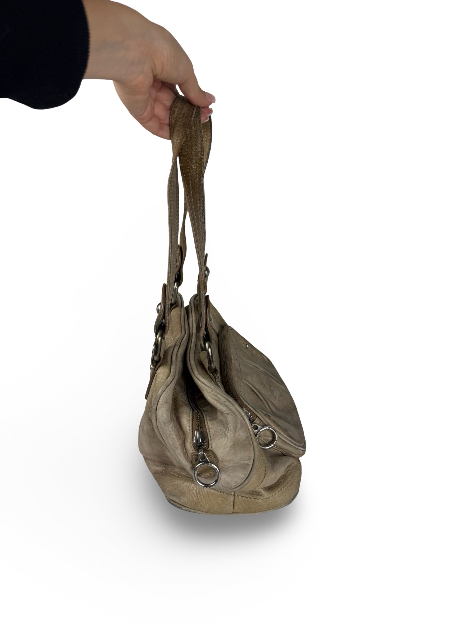 Beige real leather shoulder bag (30x20cm)