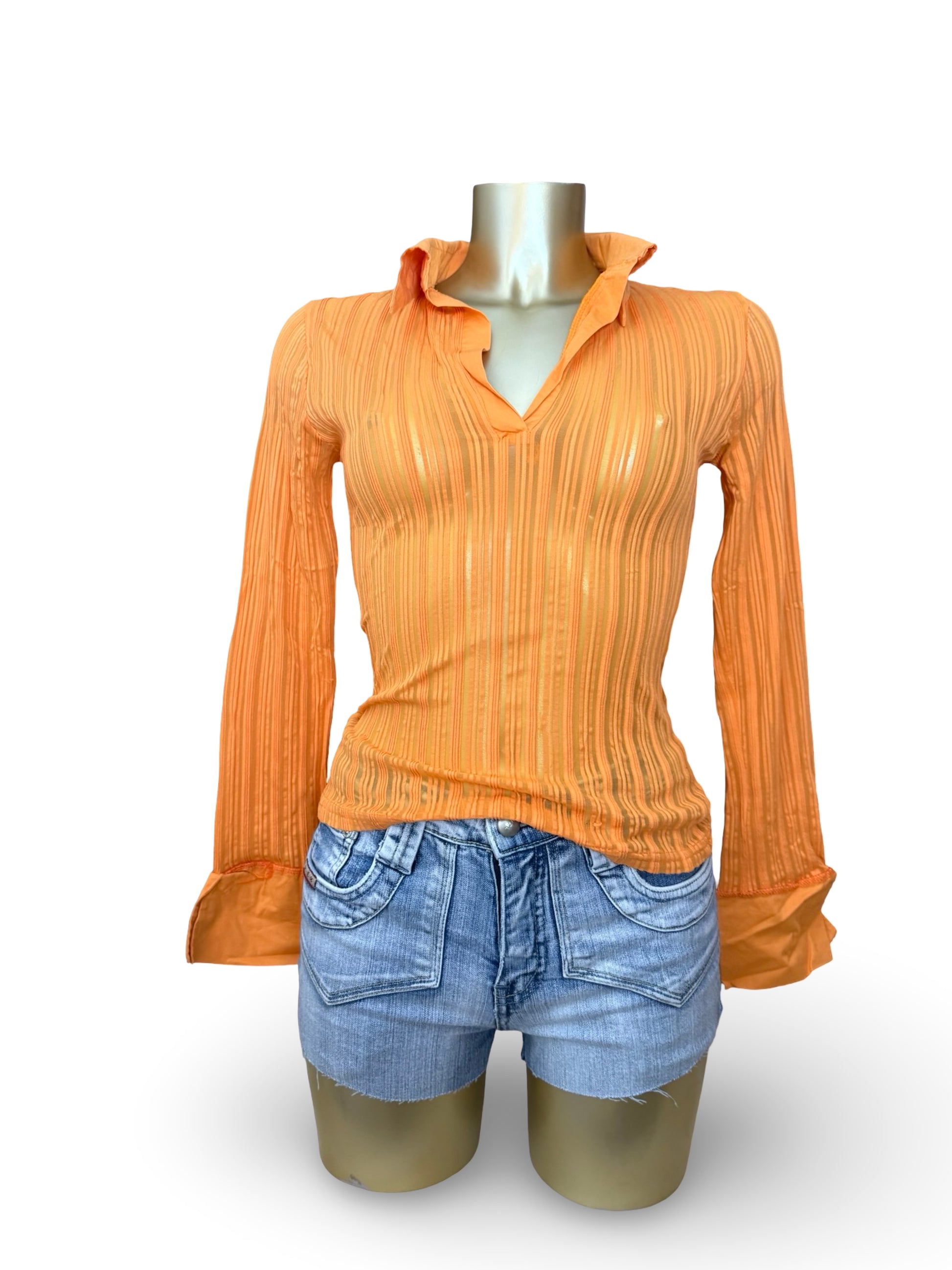 Orange striped see trough stretchy polo top (S/M)