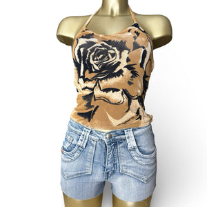 Beige knitted graphic tight fit halter top (S/M)