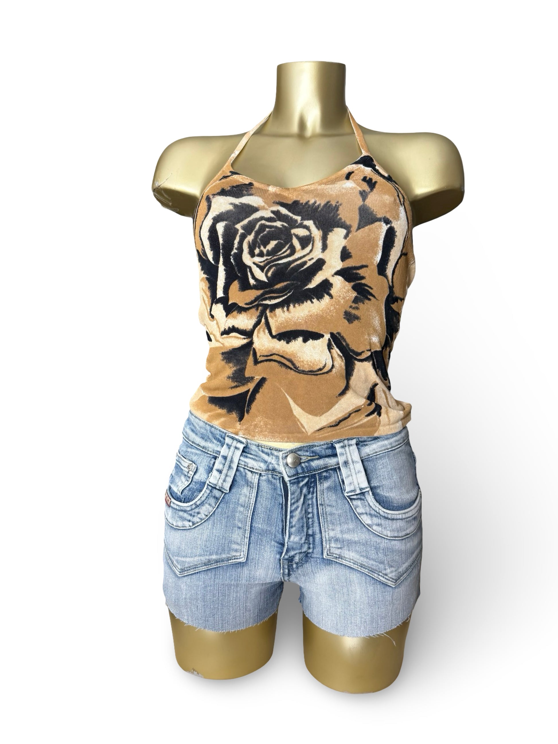 Beige knitted graphic tight fit halter top (S/M)