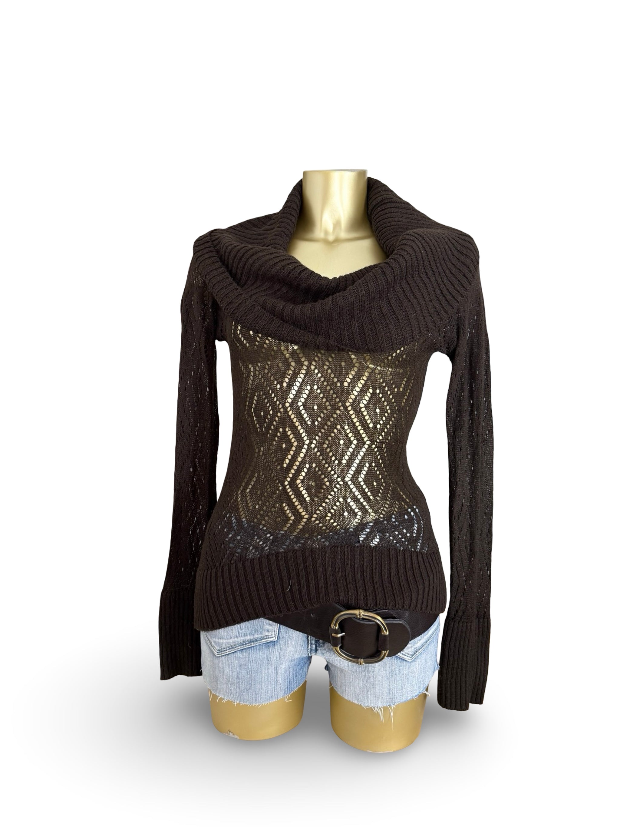Brown crochet turtleneck jumper (S/M)
