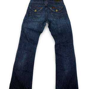 Blue denim low rise flare pants (XS)