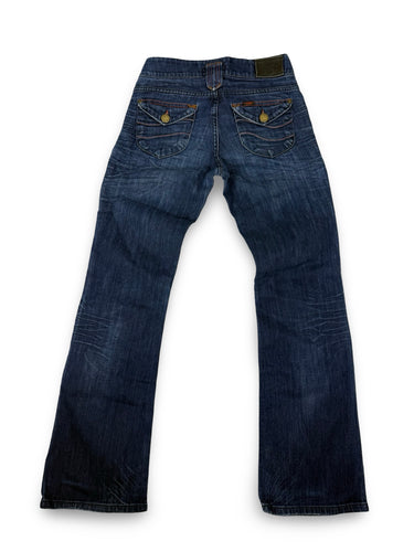 Blue denim low rise flare pants (XS)