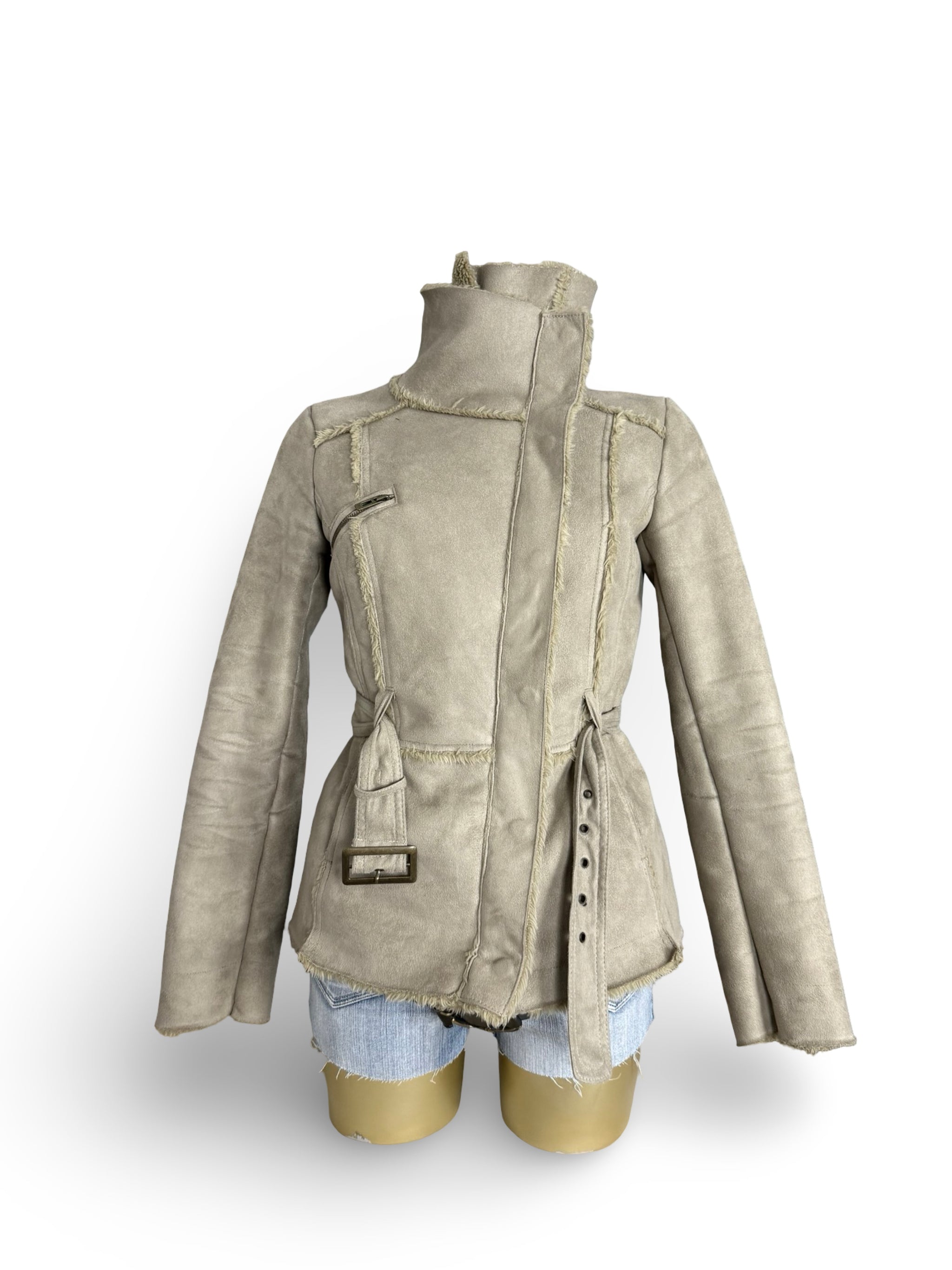 Beige suede inside faux fur tight fit biker coat (S/M)