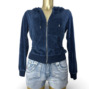 Navy blue velvet zip up hoodie jacket (L)