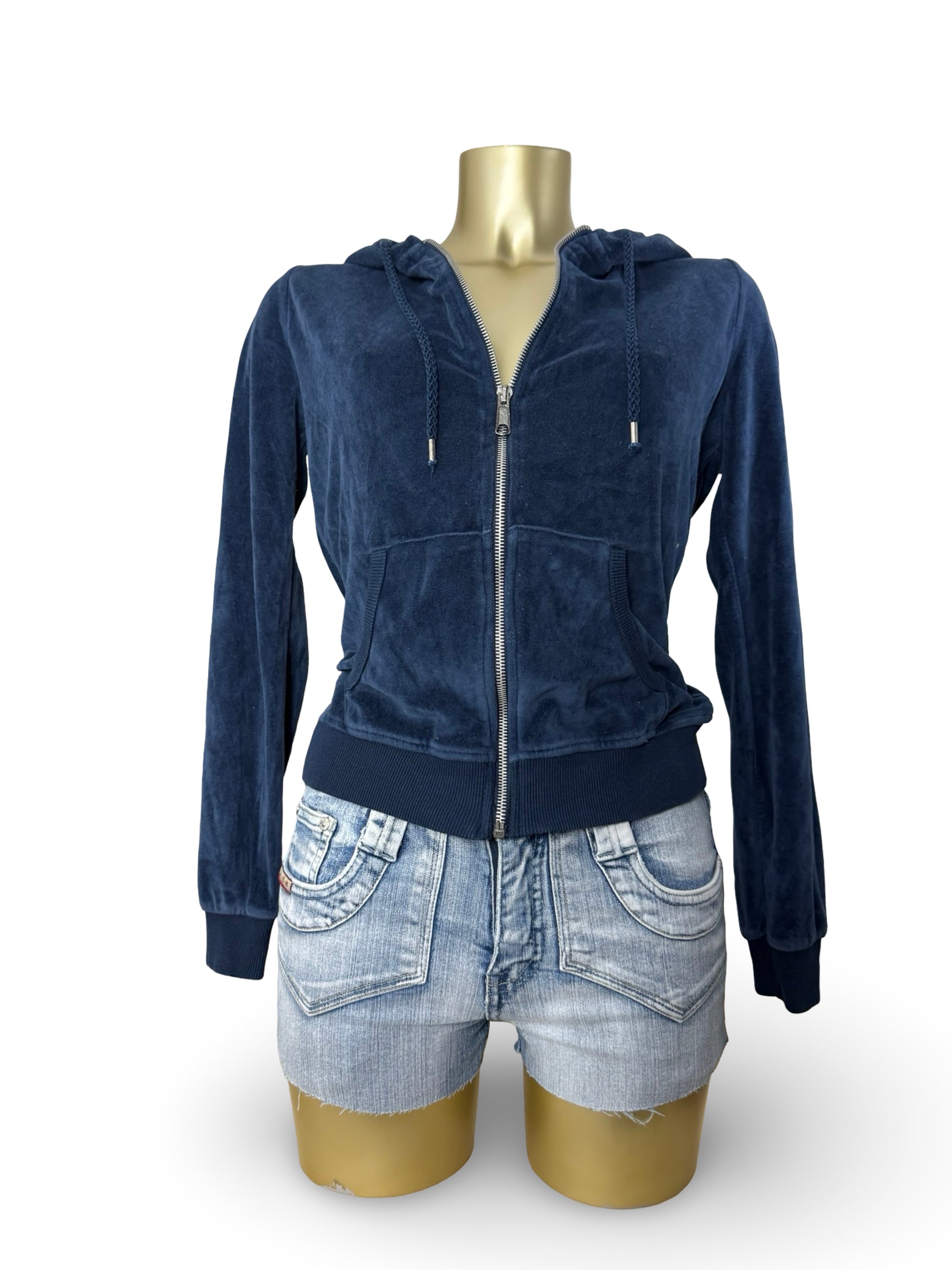 Navy blue velvet zip up hoodie jacket (L)