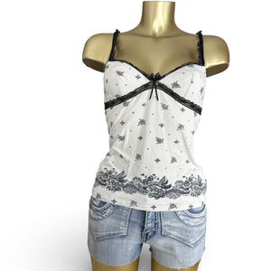 White lycra floral babydoll tight fit cami top (M)