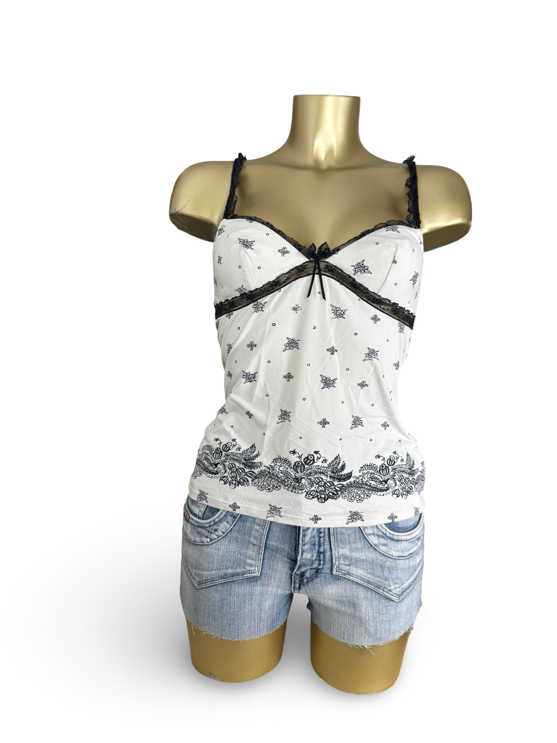 White lycra floral babydoll tight fit cami top (M)