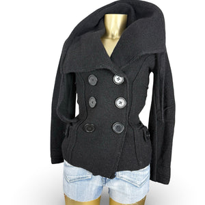 Black 100% wool large neck tight fit trench coat (S)