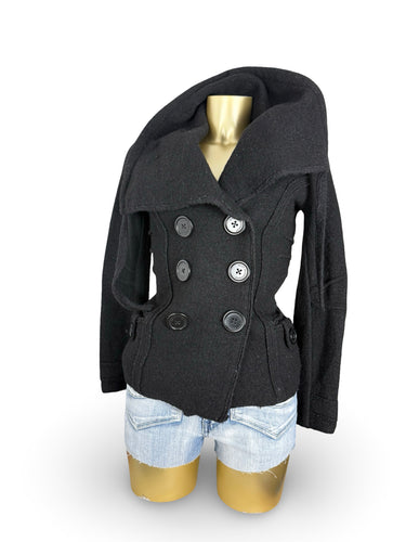 Black 100% wool large neck tight fit trench coat (S)