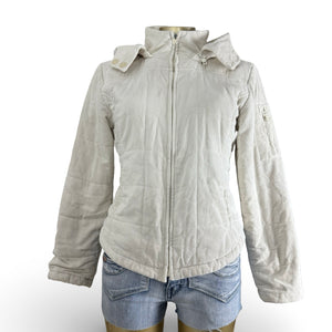 White velvet ribbed tight fit zip up hooded puffer jacket (M/L)