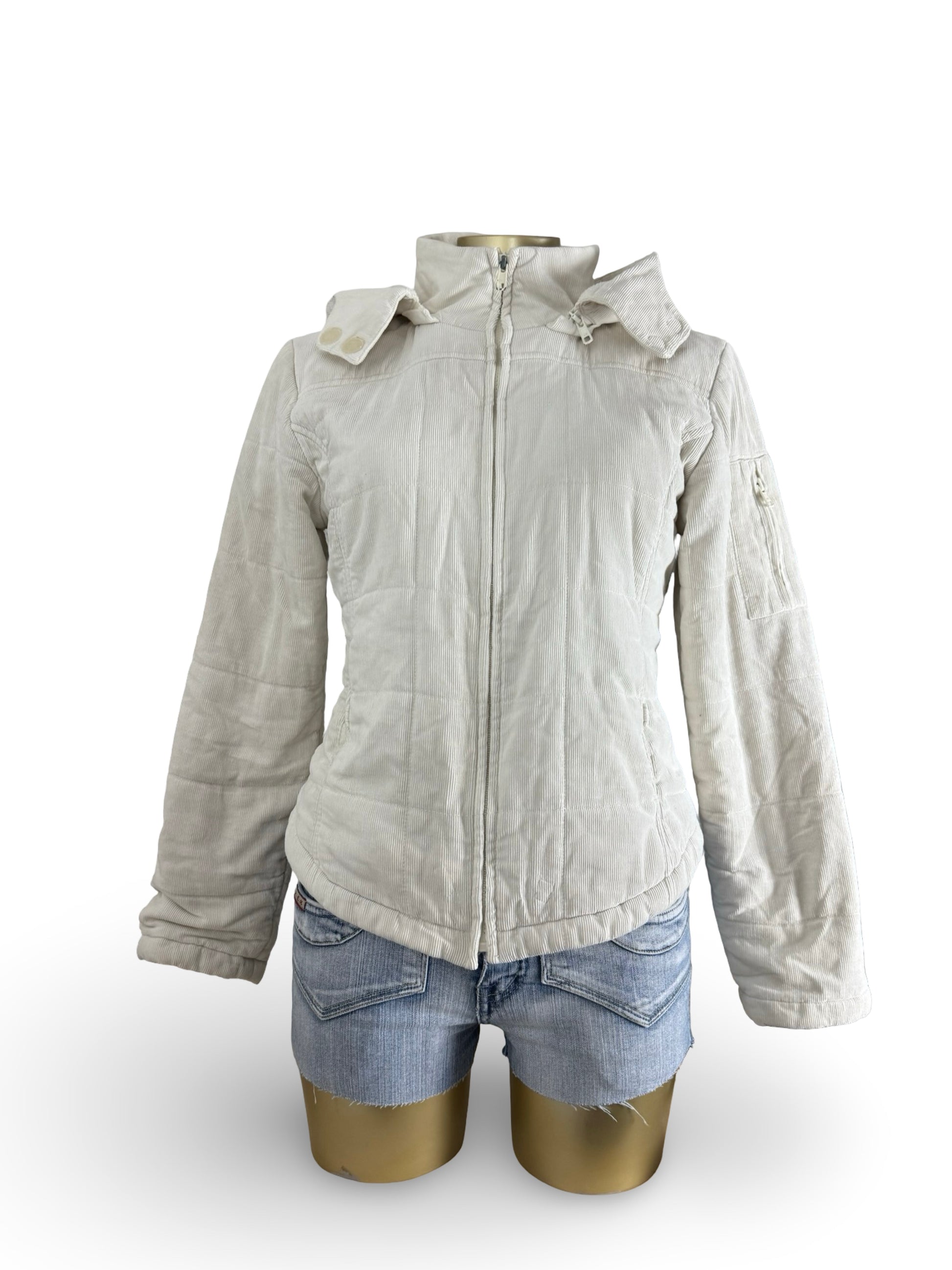 White velvet ribbed tight fit zip up hooded puffer jacket (M/L)