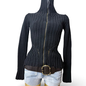 Black tight fit high neck zip up cardigan jumper (XS/S)