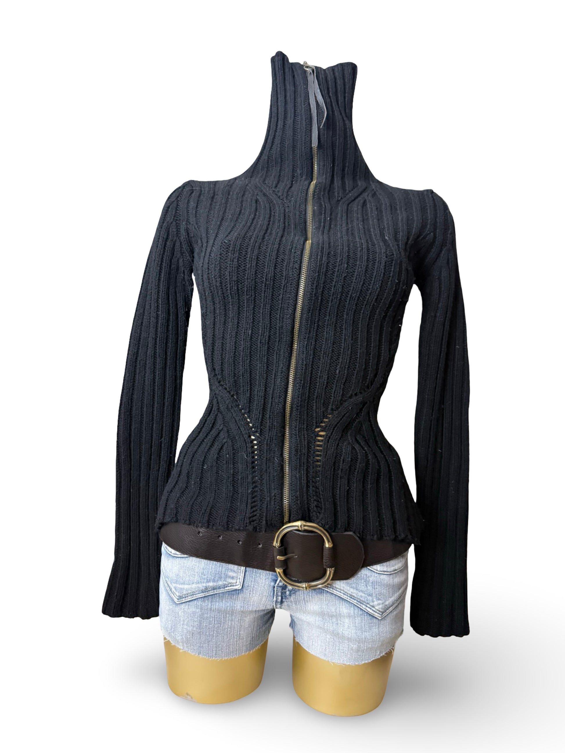 Black tight fit high neck zip up cardigan jumper (XS/S)