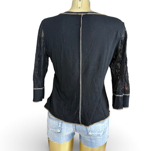 Black patchwork bi fabric mesh long sleeves top (XL)