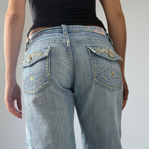 Blue denim low rise flared pants (M)