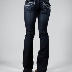 Navy blue denim low rise straight legs pants (S)