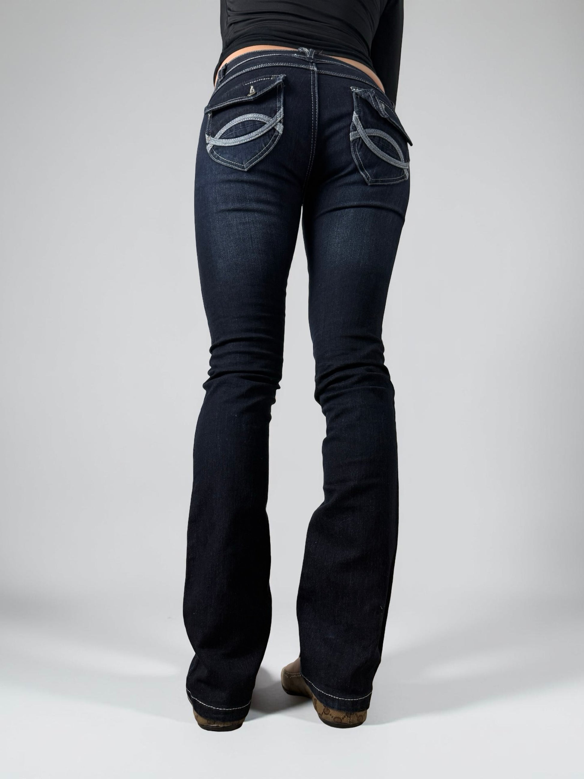 Navy blue denim low rise straight legs pants (S)
