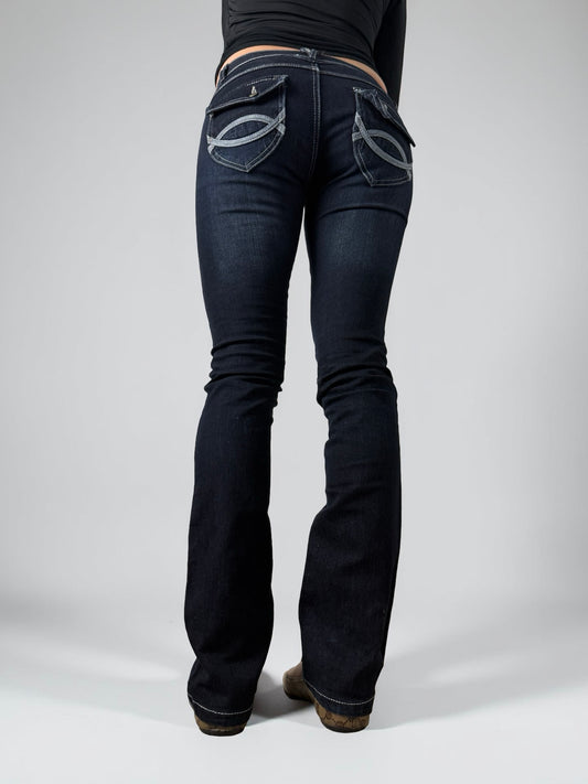 Navy blue denim low rise straight legs pants (S)