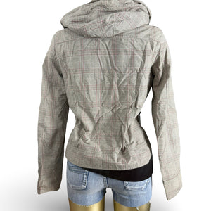 Khaki check print hooded zip up tight fit biker jacket (M)