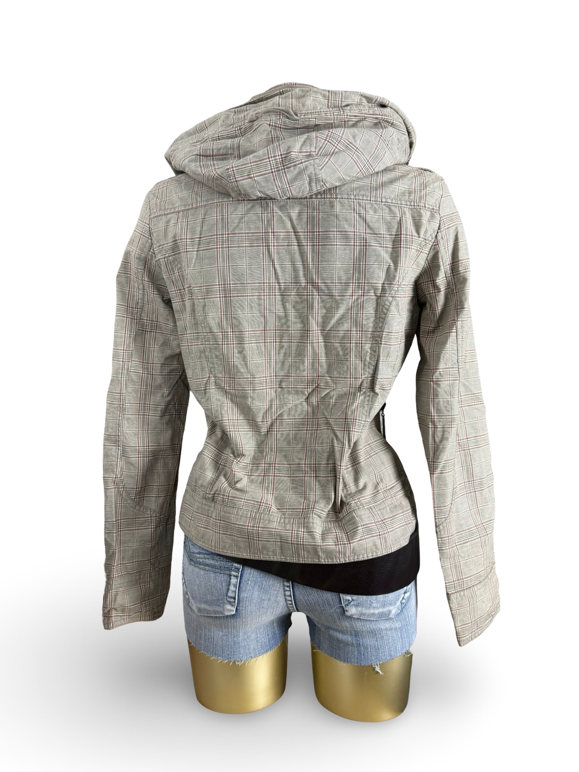 Khaki check print hooded zip up tight fit biker jacket (M)