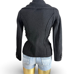 Black 100% wool large neck tight fit trench coat (S)