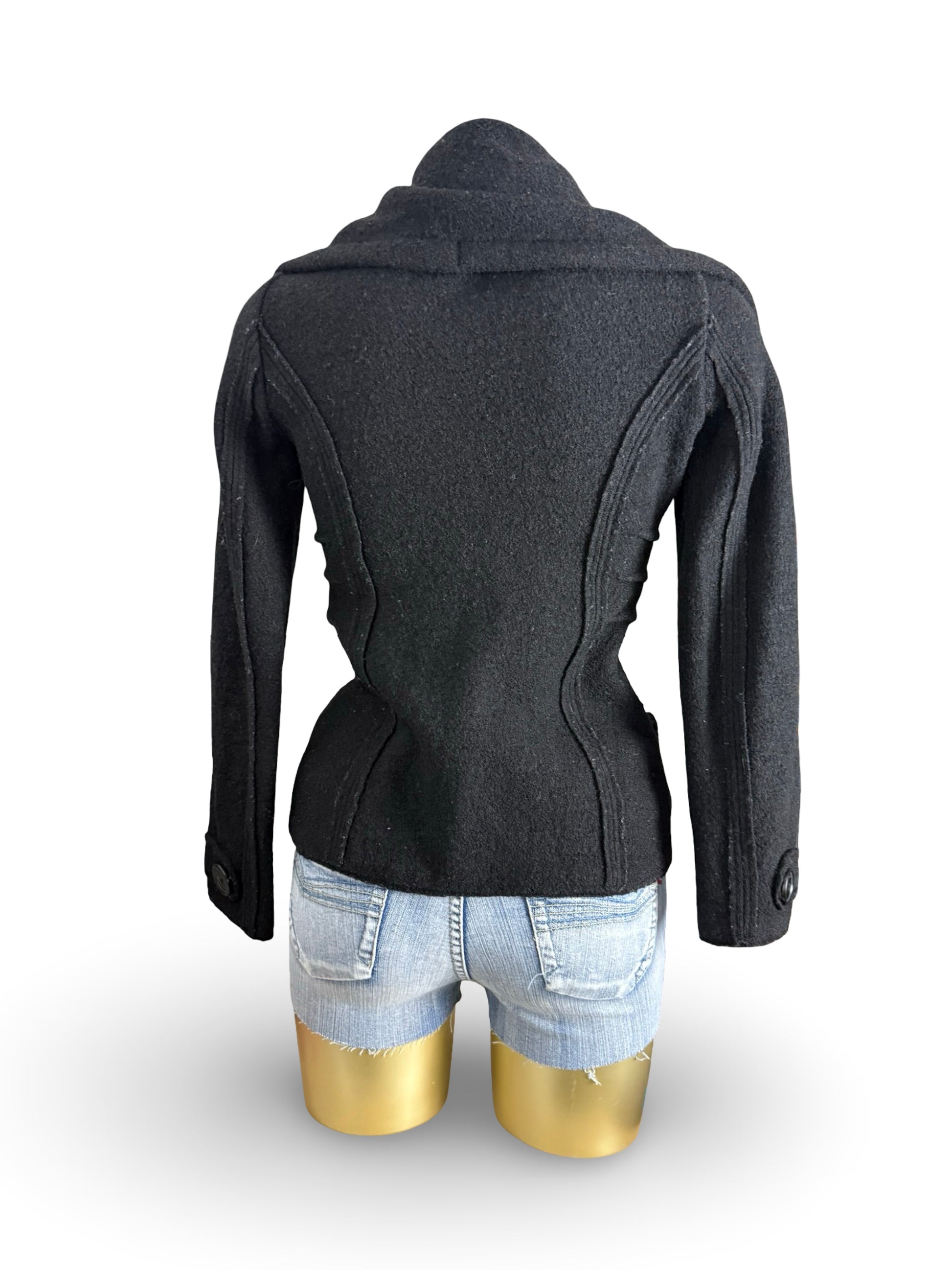 Black 100% wool large neck tight fit trench coat (S)