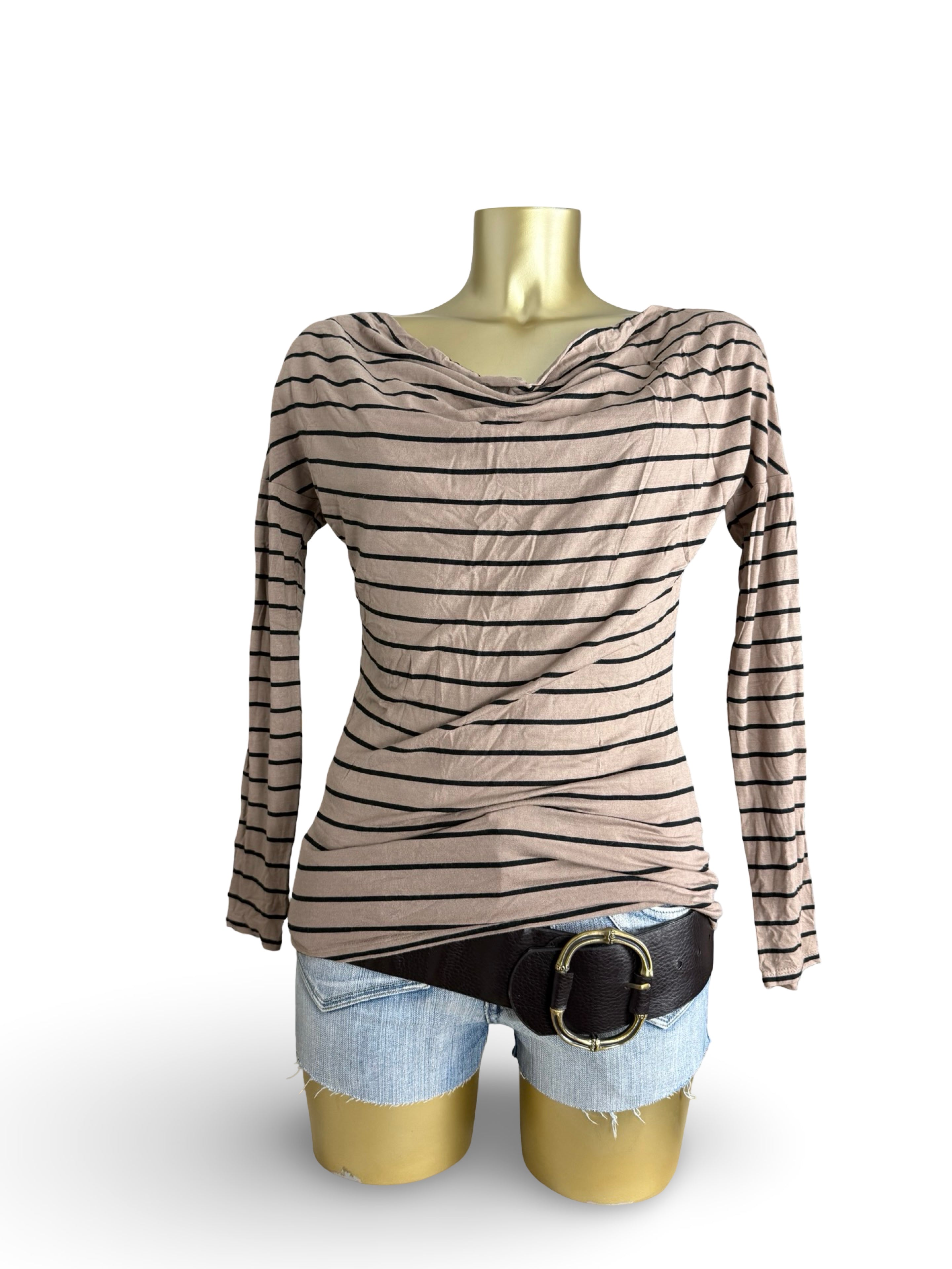 Beige striped plunge neck long sleeves top (S)