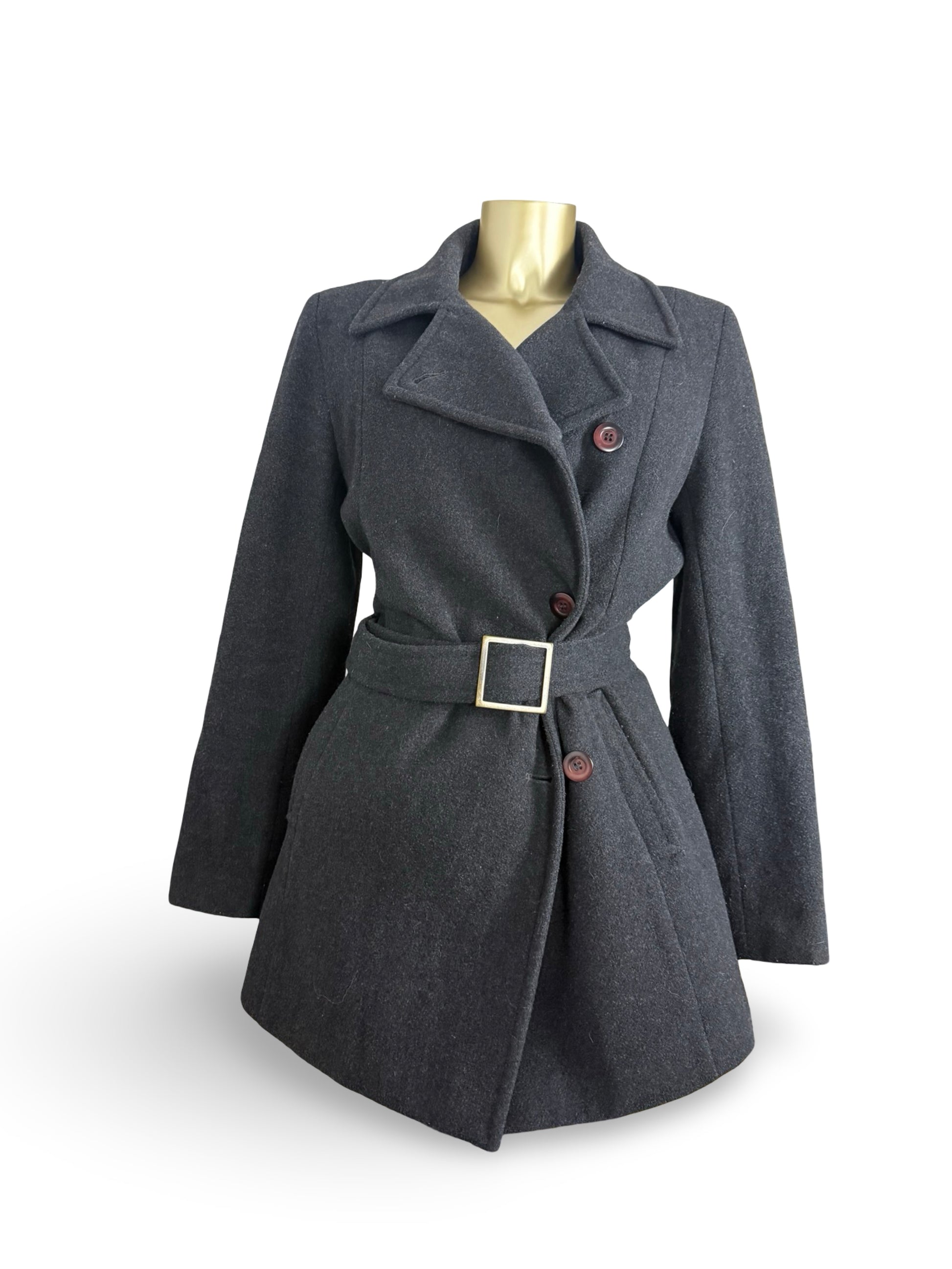 Grey wool tight fit trench coat with belt (XL)