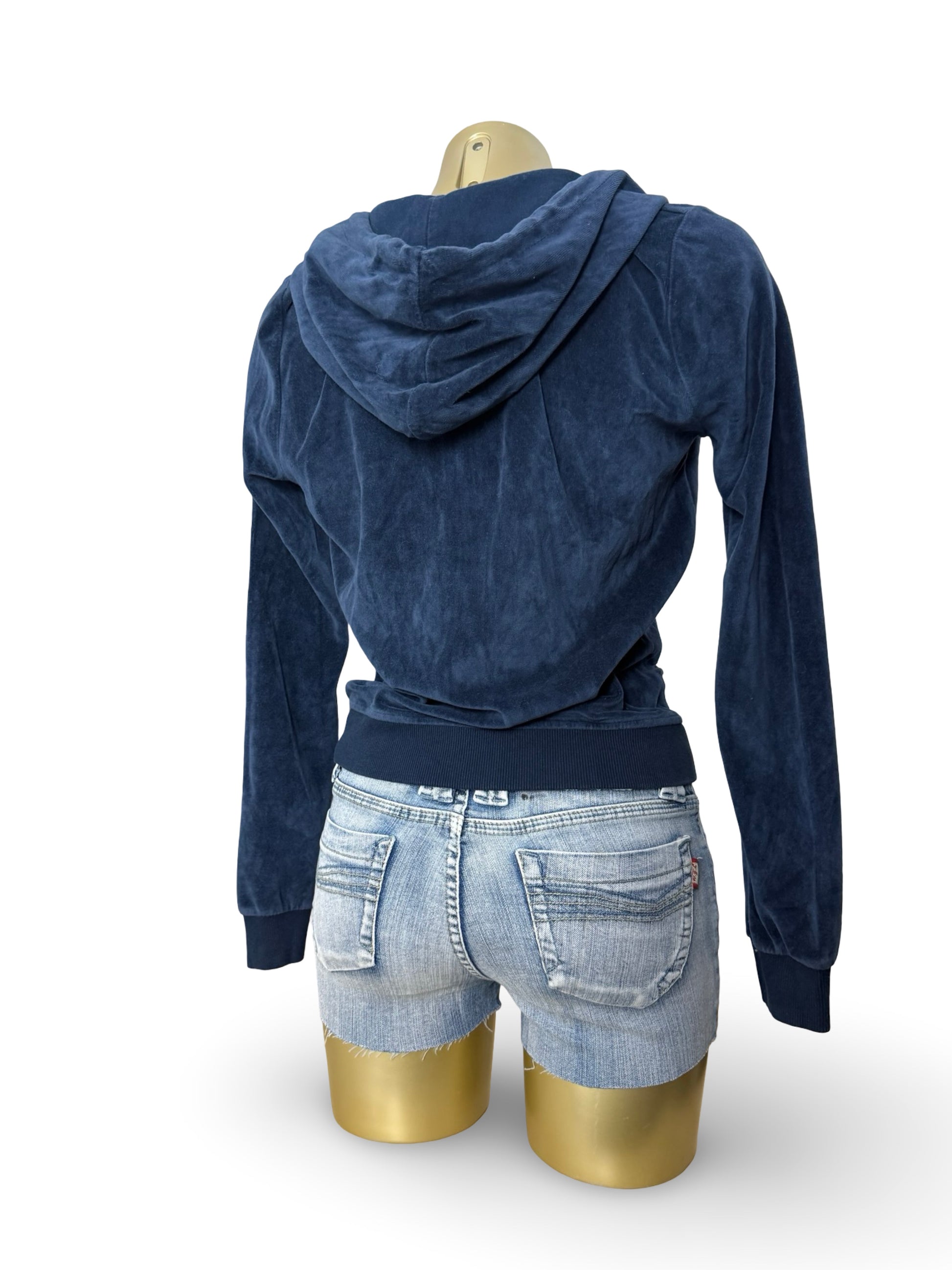 Navy blue velvet zip up hoodie jacket (L)