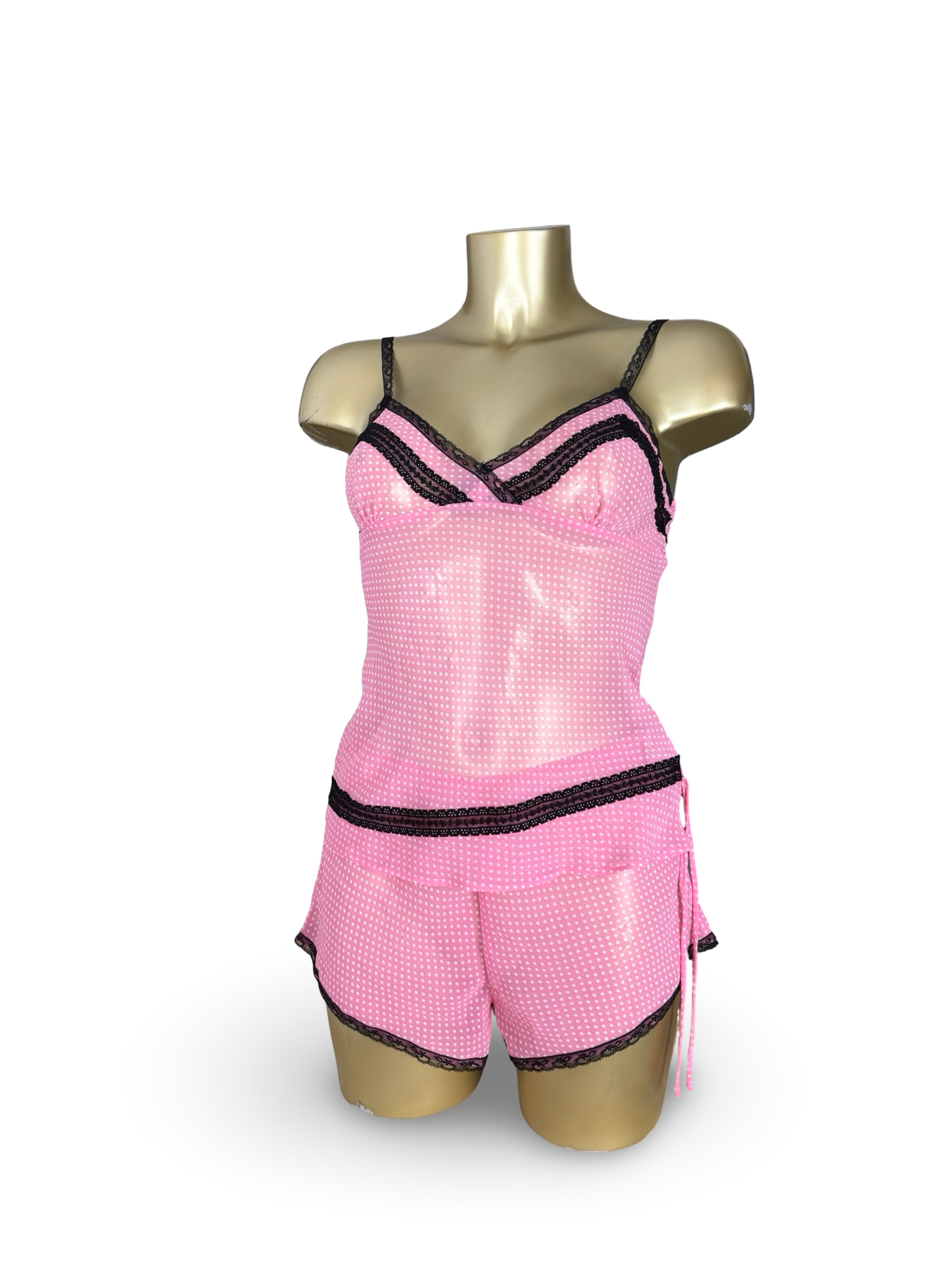 Pink polka dots mesh shorty + top set (M)
