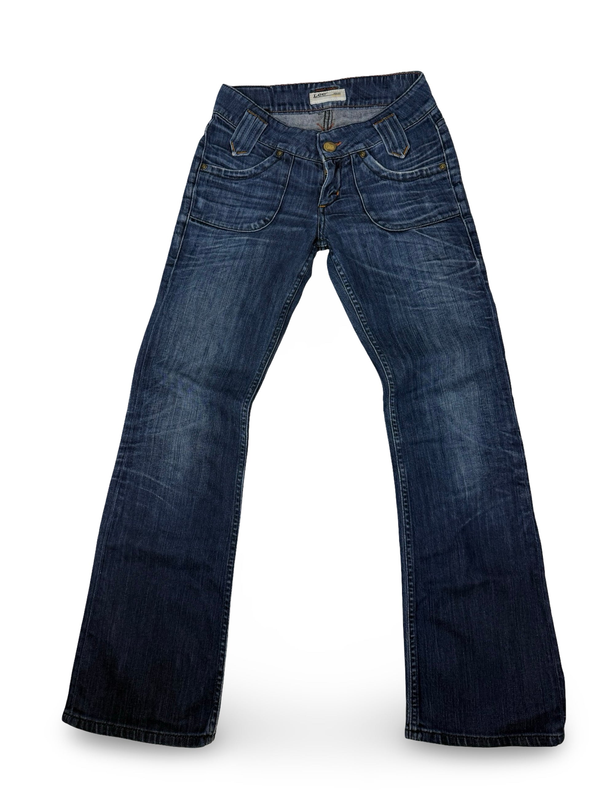 Blue denim low rise flare pants (XS)