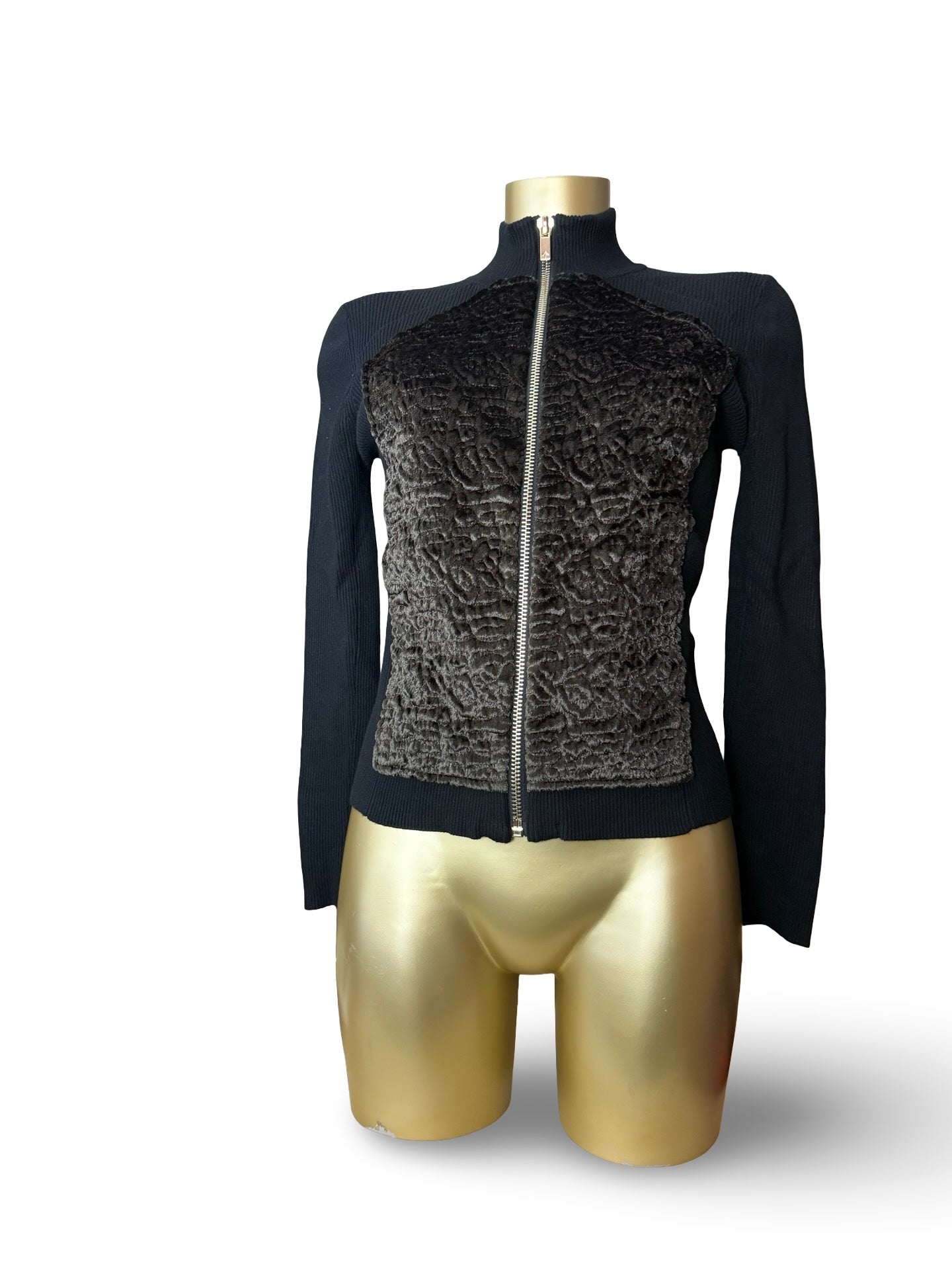 Black golden velvet zip up tight fit jacket (S)