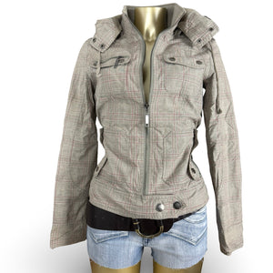 Khaki check print hooded zip up tight fit biker jacket (M)