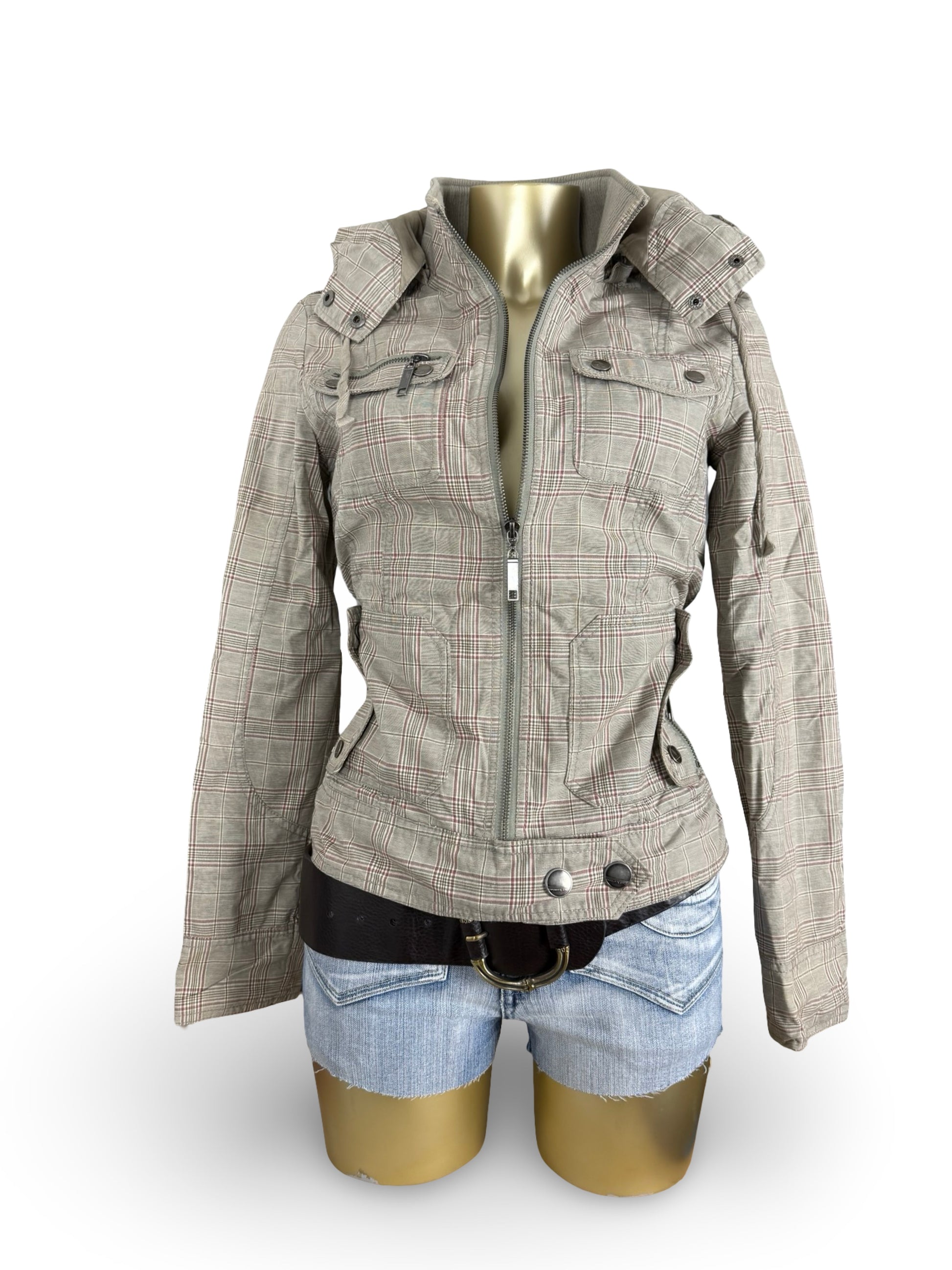 Khaki check print hooded zip up tight fit biker jacket (M)